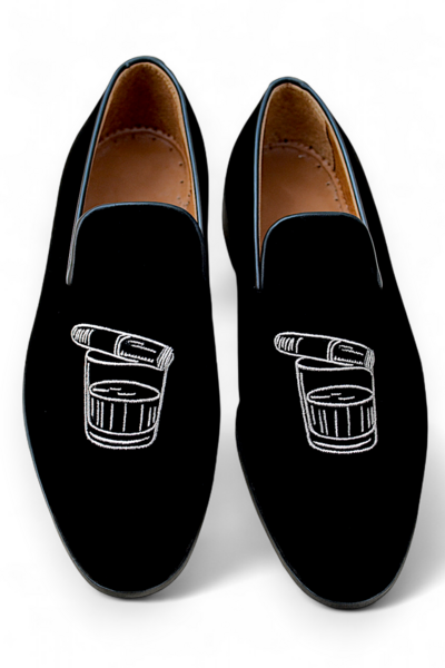 Crafted Leather Classic Black Velvet Embroidery Flat Loafers Dress Shoes