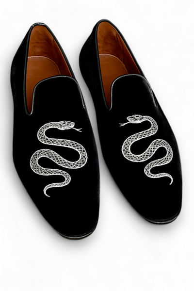 Crafted Leather Black Velvet Embroidery Loafers Dress Shoes