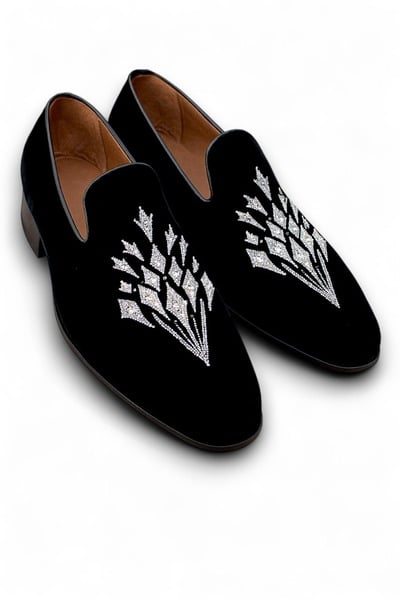 Crafted Leather Black Velvet Crystal Embroidery Loafers Dress Shoes