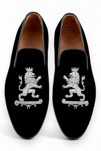 Crafted Leather Classic Black Velvet Shoes Embroidery Loafers