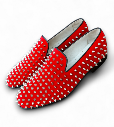 Crafted Leather Classic Red Velvet Silver Studded Loafers Shoes Prom Wedding Loafers