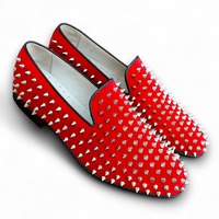 Crafted Leather Classic Red Velvet Silver Studded Loafers Shoes Prom Wedding Loafers - Thumbnail 1