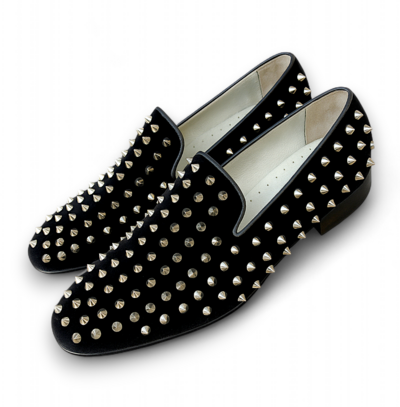 Crafted Leather Classic Black Velvet Silver Studded Loafers Shoes Prom Wedding Loafers