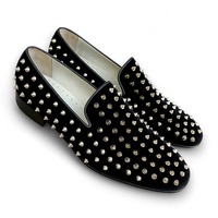 Crafted Leather Classic Black Velvet Silver Studded Loafers Shoes Prom Wedding Loafers - Thumbnail 1