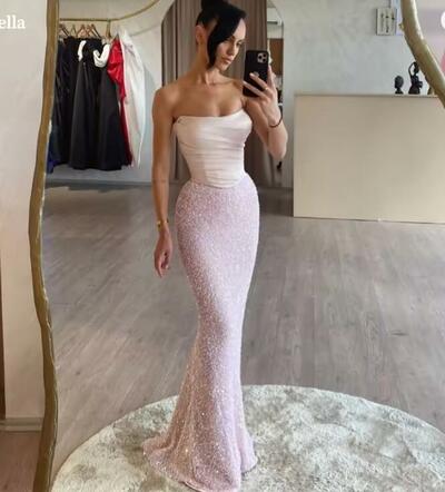 Customized Sequin Mermaid Strapless Backless robes de soirée Sleeveless Party Dresses Floor-Length Beading Prom Dress
