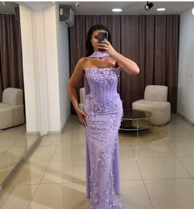Customize Purple Glitter 3D Flowers robes de soirée Mermaid Strapless Backless Prom Dresses Floor-Length Evening Formal Dress