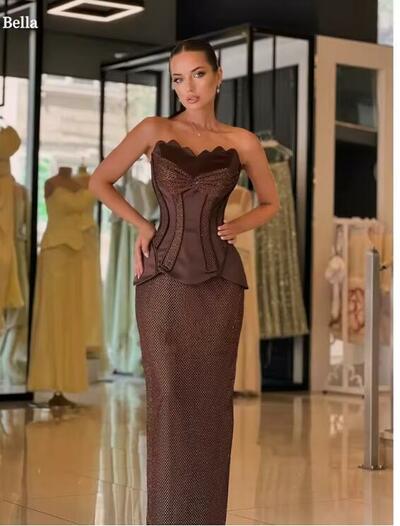 Customized Brown Sequins Strapless Backless Sleeveless robes de soirée Two-Piece Set Party Dresses Side Slit Prom Dress