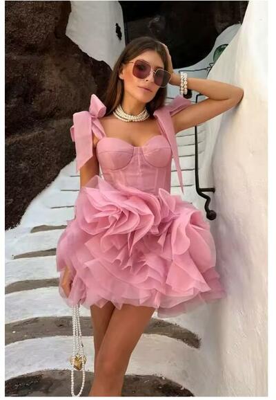 Tulle Ball Gown Multilayer robes de soirée Thigh-Length Spaghetti Strap Evening Dresses Cocktail Party Dress