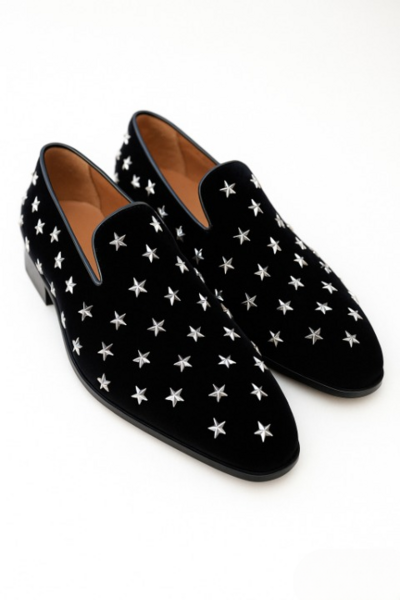 Crafted Leather Classic Black Velvet Silver Star Studded Loafers Shoes Prom Wedding Loafers
