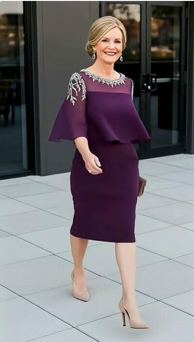 Plus Size Sheath Tea-length with Jacket Beading Crystals Mother of Bride/Groom Dress Evening Formal Gowns