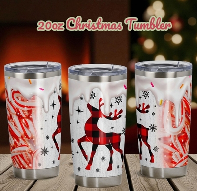 Plaid Reindeer Christmas Drip Tumbler - Candy Cane, Faux Icing & Buffalo Check 20 oz Fat Tumbler DS