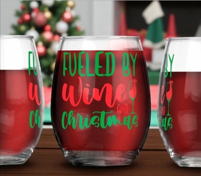"Fueled by Wine and Christmas" Stemless Glass - Funny Holiday Drinking Gift DS