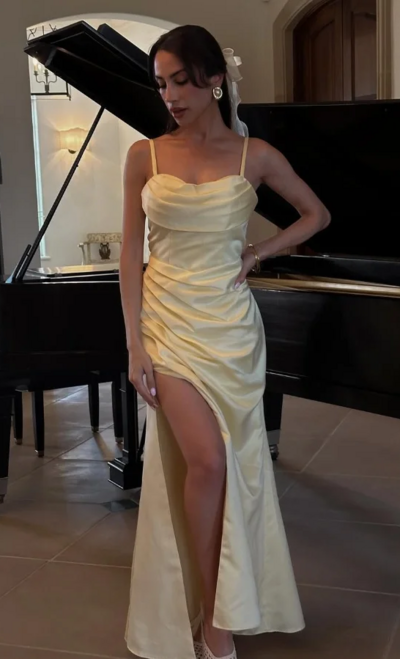 Spaghetti Strap Yellow Prom Dress Pleated with Split