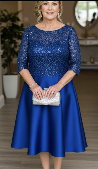 Plus Size A Line Lace Tea-length Satin Mother of Bride/Groom Dress Evening Formal Gowns