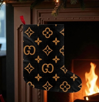 Luxury Black and Gold Monogram Christmas Stocking, Designer-Style Pattern Holiday Decor DS