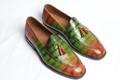 Crafted Leather Men’s Handmade Green Patina Crocodile Leather Tassel Loafers Dress Shoes
