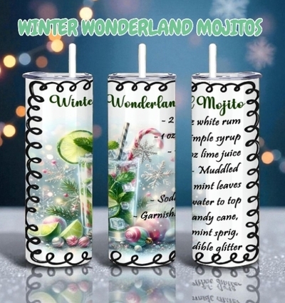 Winter Wonderland Mojito Tumbler - Christmas Cocktail 20oz Tumbler with Lid and Straw - Holiday Drink Recipe