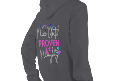 Nice Until Proven Naughty Hoodie - Funny Christmas Hoodie - Holiday Humor Sweatshirt - Festive Pullover with Christmas Lights - Grey or Black