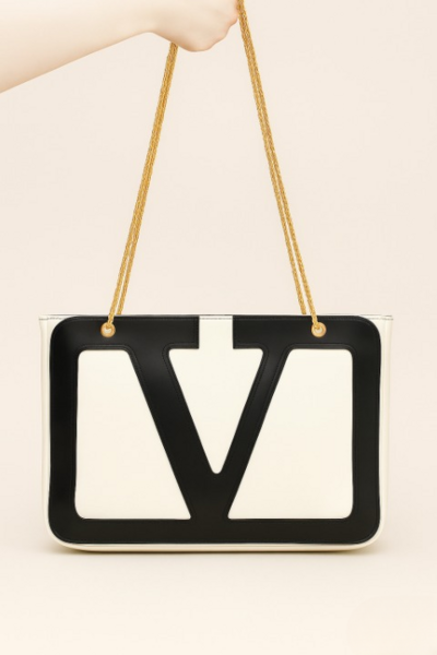 Crafted Leather Classic and Luxury Design Black / White V Logo Shopping Bag For Women