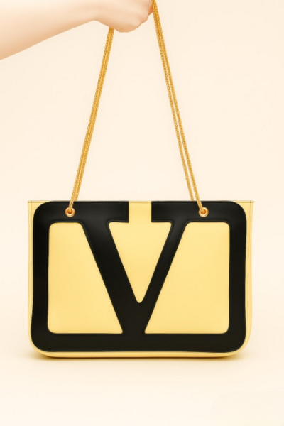 Crafted Leather Classic and Luxury Design Black / Yellow V Logo Shopping Bag For Women