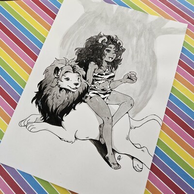 7 x 10 inch Lion girl original ink piece