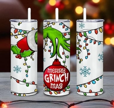 Merry Grinchmas Tumbler - Grinch Hand Christmas Lights 20oz Skinny Tumbler with Lid and Straw - Holiday Tumbler