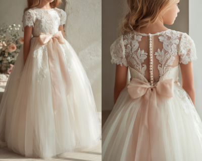 Ivory and Pink Sash Short Sleeve Simple Flower Girl Dress Brithday Party Kids Skirt Princess Cloting