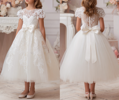 White Short Sleeve Lace Flower Girl Dress Brithday Party Kids Skirt Princess Cloting
