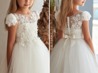 White Short Sleeve With Sash Lace Flower Girl Dress Brithday Party Kids Skirt Princess Clothing