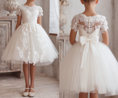 White Short Sleeve Knee Length Lace Flower Girl Dress Brithday Party Kids Skirt Princess Clothing