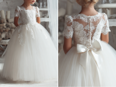 White Short Sleeve Lace Flower Girl Dress Brithday Party Kids Skirt Princess Clothing