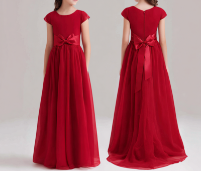 Red Chiffon With Sash Flower Girl Dress Brithday Party Kids Skirt Princess Clothing