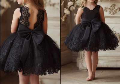 Black Short Knee Length Lace Flower Girl Dress Brithday Party Kids Skirt Princess Dresses W1.10
