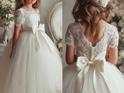 Ivory Tulle and Lace With Sash Flower Girl Dress Brithday Party Kids Skirt Princess Clothing W1.11