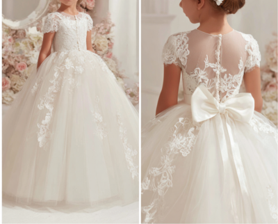 Ivory Tulle and Lace With Bow Flower Girl Dress Brithday Party Kids Skirt Princess Clothing W1.14