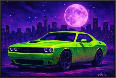 Neon Green Car Under Purple Sky