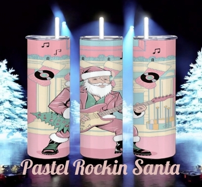 Vibrant Pink Rocker Santa Christmas Tumbler - Pastel Aesthetic Guitar-Playing Santa with Vinyl Stocking 20 oz Skinny Sublimation