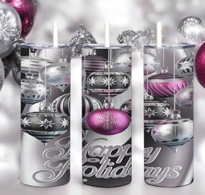 Elegant Silver and Pink Christmas Ornament Tumbler - Happy Holidays Script 20 oz Skinny Sublimation