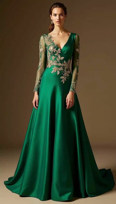 Green A Line Satin Prom Dress Gold Appliques Long Sleeve Evening Formal Gown Simple Birthday Party Dress