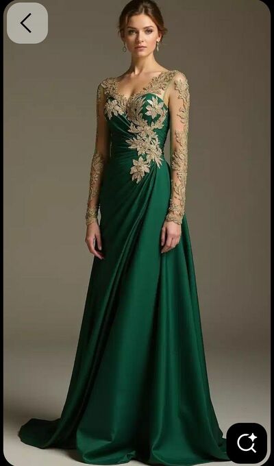 Green Mermaid Prom Dress Gold Appliques Long Sleeve Evening Formal Gown Simple Birthday Party Dress