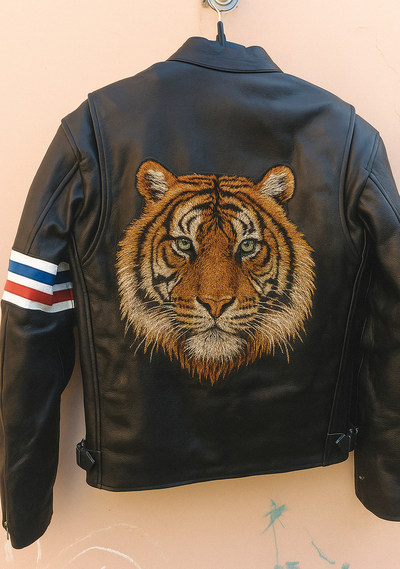 Crafted Leather Tiger Black with Red and Blue Stripes Biker Motorcycle Jacket