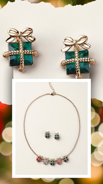 Holiday Gift Box Charm Necklace and Earring Set
