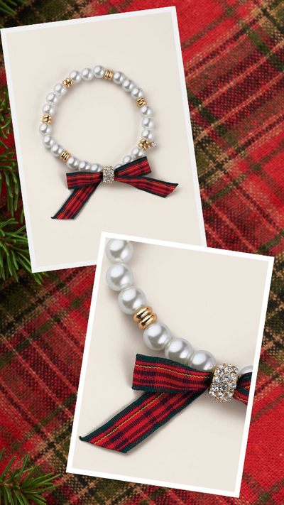 Plaid & Pearly Festive Bow Bracelet