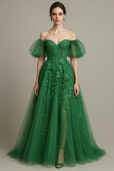 Green A Line Prom Dress Off the Shoulder Appliques Sleeveless Evening Formal Gown Simple Birthday Party Dress