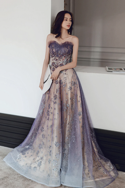 Purple Strapless Tulle Long Formal Dress A-line Tulle Evening Dress