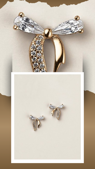 Sterling Silver Golden Bow CZ Earrings