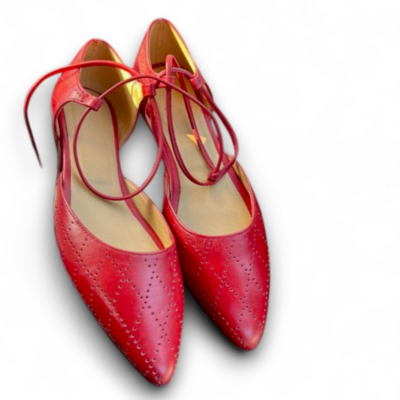 Crafted Leather Classic Red Dotted Texture Leather 1 Inch Heel Girl Dress Shoes