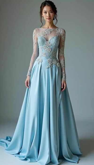 Blue A Line Prom Dress Gold Appliques Long Sleeve Evening Formal Gown Elegant Birthday Party Dress
