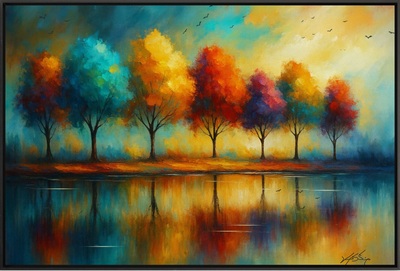 Rainbow Reflections Vibrant Trees at Sunset