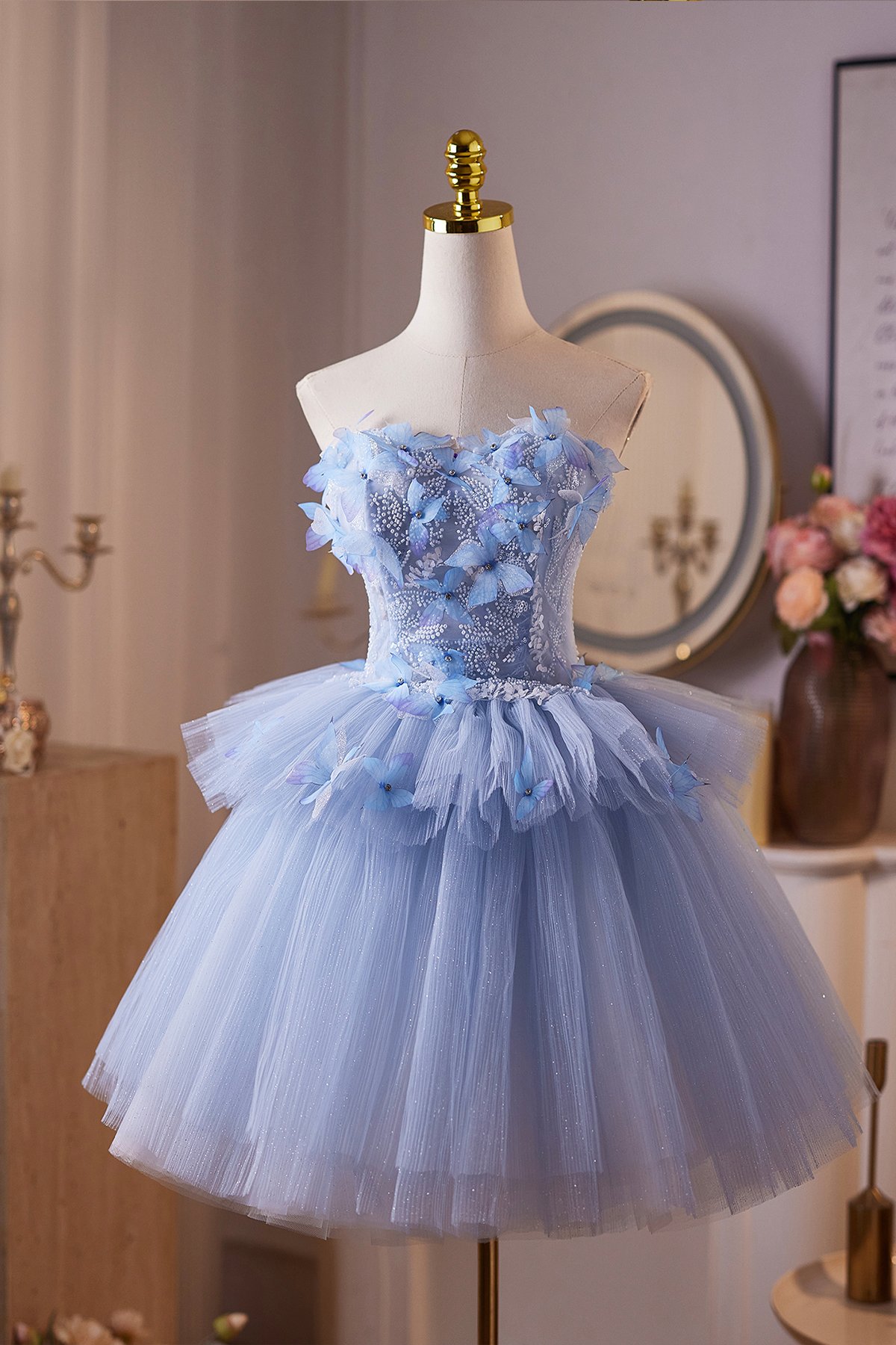 Blue Tulle Beads Short A-Line Prom Party Dress